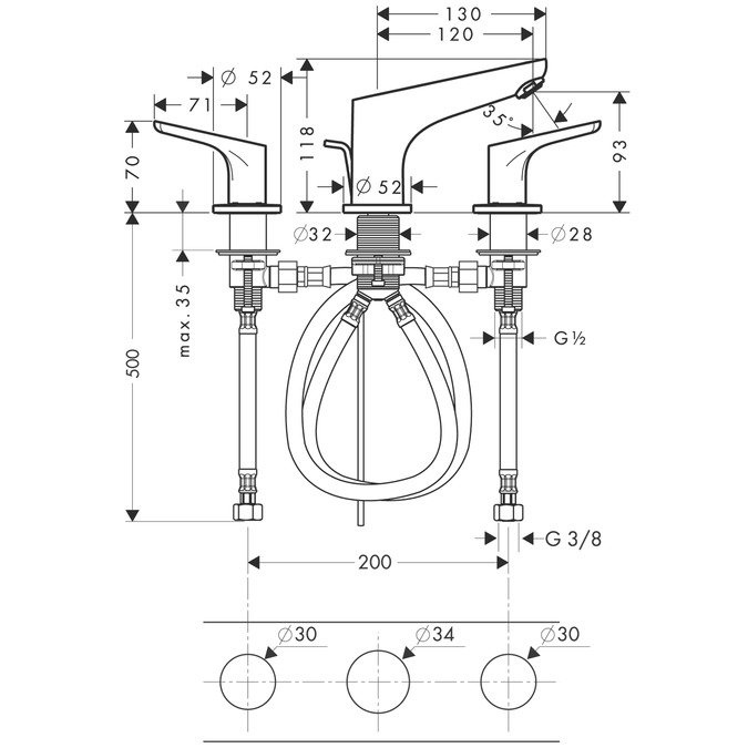 Батерия за мивка Hansgrohe Focus 100 (тридупкова) (1)